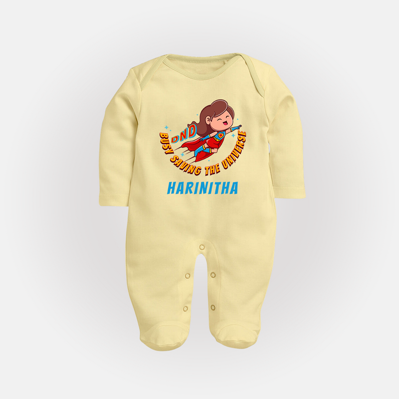Supergirl Adventure Sleep Suit / Full Sleeve Bodysuit | Personalized Sleep Suit / Full Sleeve Bodysuit for Future Superstars - PASTEL YELLOW - New Born (Chest 7.5")