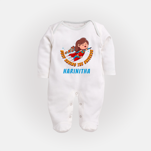 Supergirl Adventure Sleep Suit / Full Sleeve Bodysuit | Personalized Sleep Suit / Full Sleeve Bodysuit for Future Superstars - WHITE - New Born (Chest 7.5")