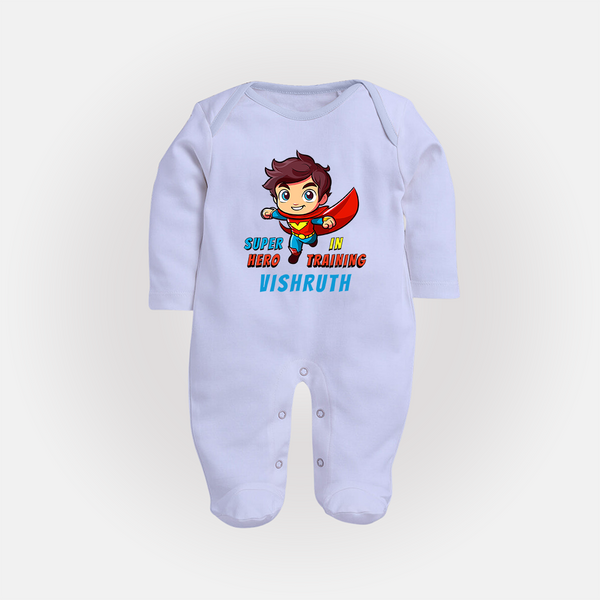 Future Superboy Sleep Suit / Full Sleeve Bodysuit | Personalized Baby Sleep Suit / Full Sleeve Bodysuit for Little Heroes - BABY BLUE - New Born (Chest 7.5")