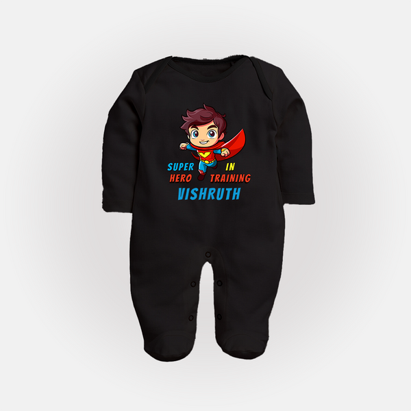 Future Superboy Sleep Suit / Full Sleeve Bodysuit | Personalized Baby Sleep Suit / Full Sleeve Bodysuit for Little Heroes - BLACK - New Born (Chest 7.5")