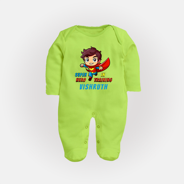 Future Superboy Sleep Suit / Full Sleeve Bodysuit | Personalized Baby Sleep Suit / Full Sleeve Bodysuit for Little Heroes - LIME GREEN - New Born (Chest 7.5")