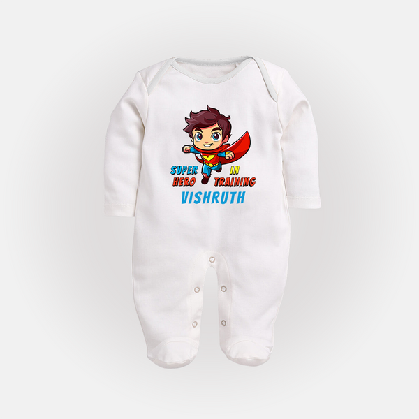 Future Superboy Sleep Suit / Full Sleeve Bodysuit | Personalized Baby Sleep Suit / Full Sleeve Bodysuit for Little Heroes - WHITE - New Born (Chest 7.5")