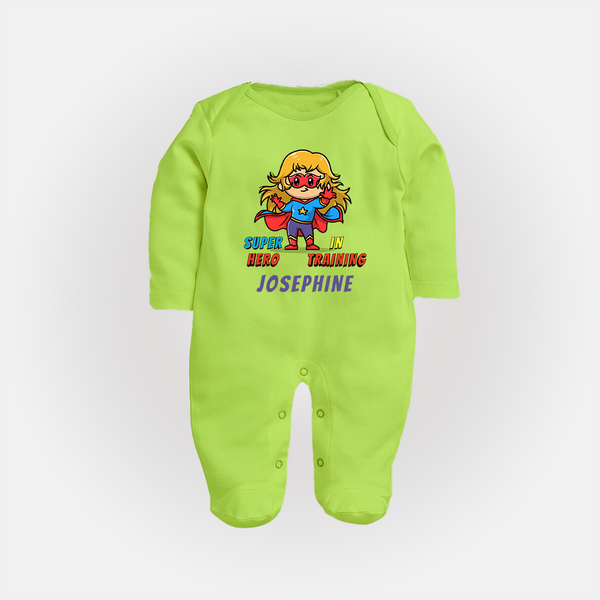 Future Supergirl Sleep Suit / Full Sleeve Bodysuit | Personalized Baby Sleep Suit / Full Sleeve Bodysuit for Little Superheroes - LIME GREEN - New Born (Chest 7.5")