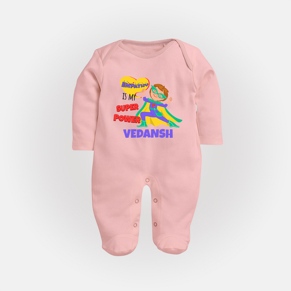 Superboy Power Sleep Suit / Full Sleeve Bodysuit | Personalized Sleep Suit / Full Sleeve Bodysuit for Baby Superheroes - BABY PINK - New Born (Chest 7.5")