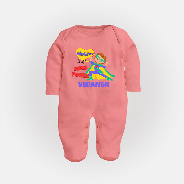 Superboy Power Sleep Suit / Full Sleeve Bodysuit | Personalized Sleep Suit / Full Sleeve Bodysuit for Baby Superheroes - PEACH - New Born (Chest 7.5")