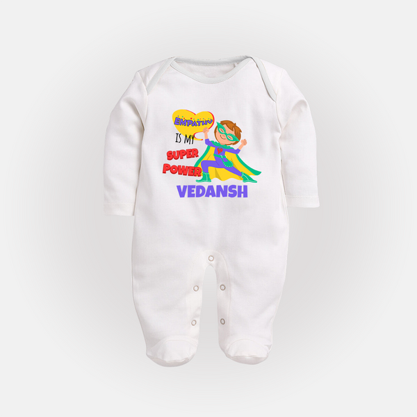 Superboy Power Sleep Suit / Full Sleeve Bodysuit | Personalized Sleep Suit / Full Sleeve Bodysuit for Baby Superheroes - WHITE - New Born (Chest 7.5")