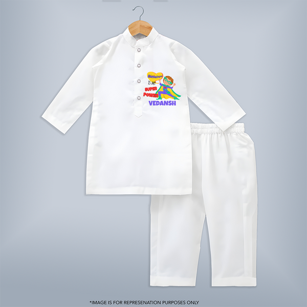 Superboy Power Kurta Set | Personalized Kurta Set for Baby Superheroes - WHITE - 3 - 6 Months Old (Chest 24", Kurta Length 14'', Waist 19", Pant Length 14")