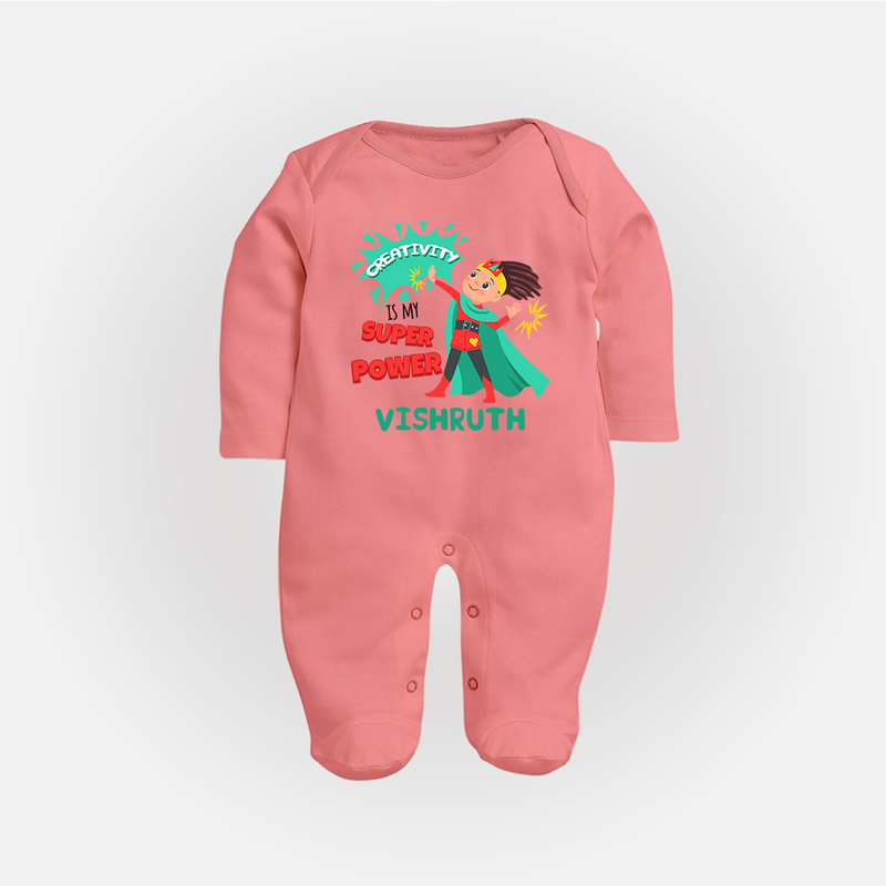 Superboy Adventure Sleep Suit / Full Sleeve Bodysuit | Customized Baby Sleep Suit for Little Superheroes - PEACH - New Born (Chest 7.5")