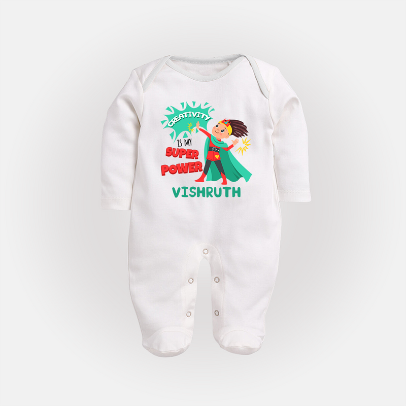 Superboy Adventure Sleep Suit / Full Sleeve Bodysuit | Customized Baby Sleep Suit for Little Superheroes - WHITE - New Born (Chest 7.5")