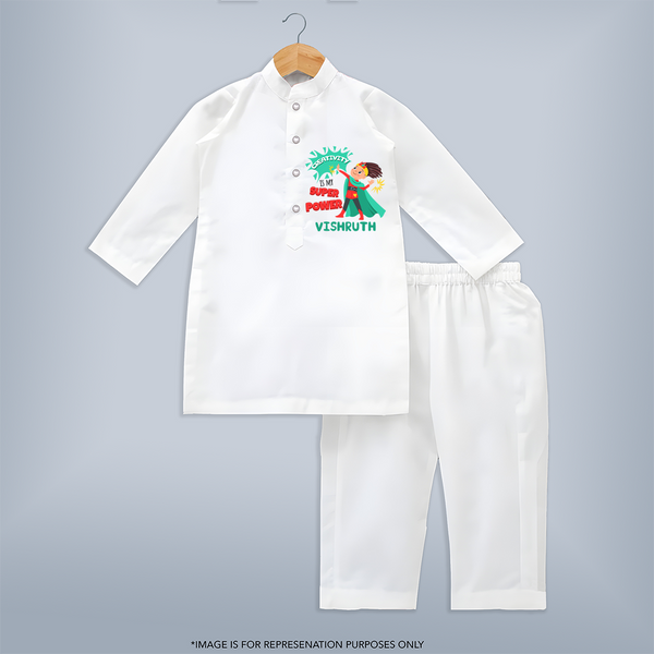 Superboy Adventure Kurta Set | Customized Kurta Set for Little Superheroes - WHITE - 3 - 6 Months Old (Chest 24", Kurta Length 14'', Waist 19", Pant Length 14")