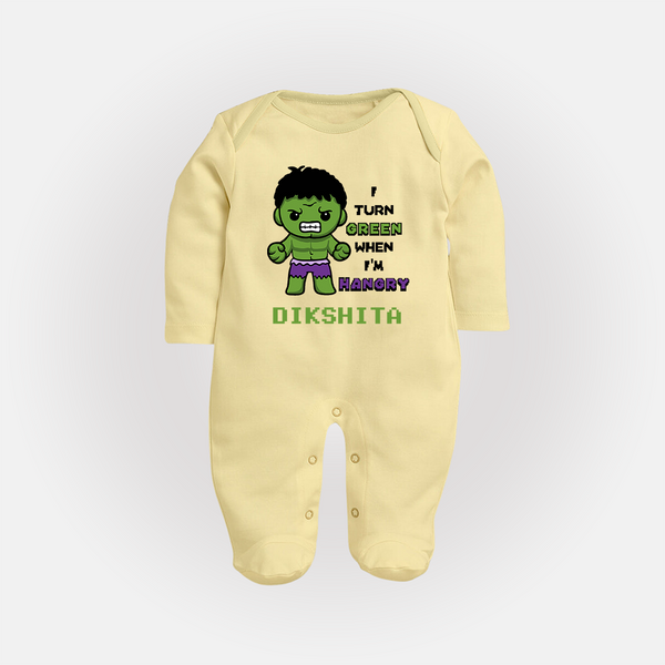 Little Hulk Sleep Suit / Full Sleeve Bodysuit | Personalized Baby Sleep Suit / Full Sleeve Bodysuit for Little Heroes - PASTEL YELLOW - New Born (Chest 7.5")