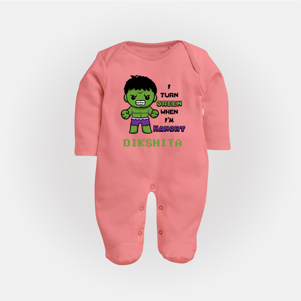 Little Hulk Sleep Suit / Full Sleeve Bodysuit | Personalized Baby Sleep Suit / Full Sleeve Bodysuit for Little Heroes - PEACH - New Born (Chest 7.5")