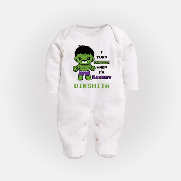 Little Hulk Sleep Suit / Full Sleeve Bodysuit | Personalized Baby Sleep Suit / Full Sleeve Bodysuit for Little Heroes - WHITE - New Born (Chest 7.5")