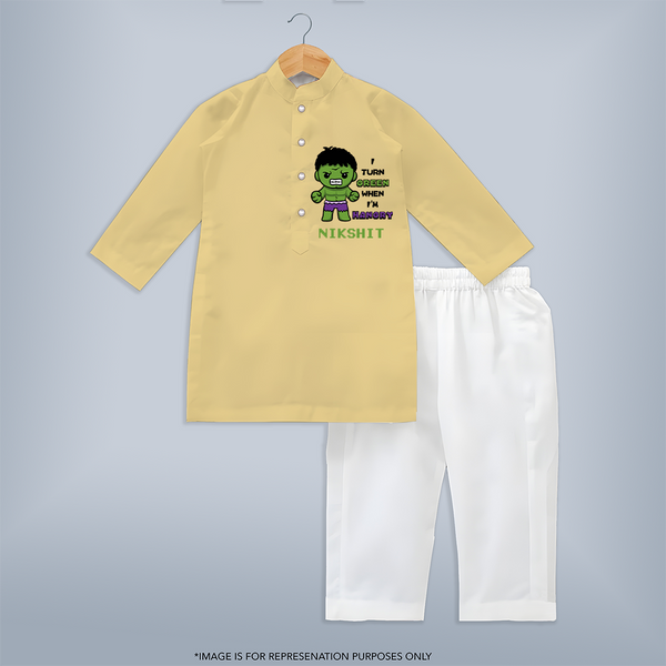 Little Hulk Kurta Set | Personalized Baby Kurta Set for Little Heroes - PASTEL YELLOW - 3 - 6 Months Old (Chest 24", Kurta Length 14'', Waist 19", Pant Length 14")