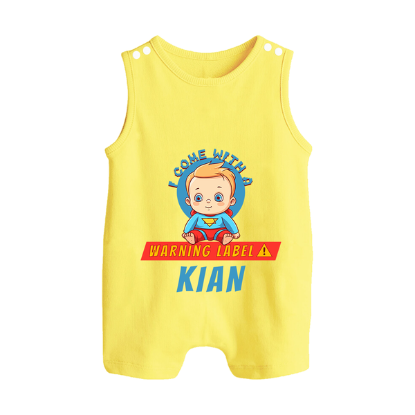 Warning Label | Personalized Baby Romper Suit / Sleeveless Romper for Little Heroes - PASTEL YELLOW - 0 - 5 Months Old (Chest 18")