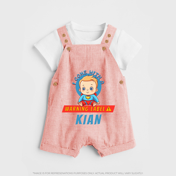 Warning Label | Personalized Baby Dungaree Set for Little Heroes - PEACH - 0 - 5 Months Old (Chest 18")