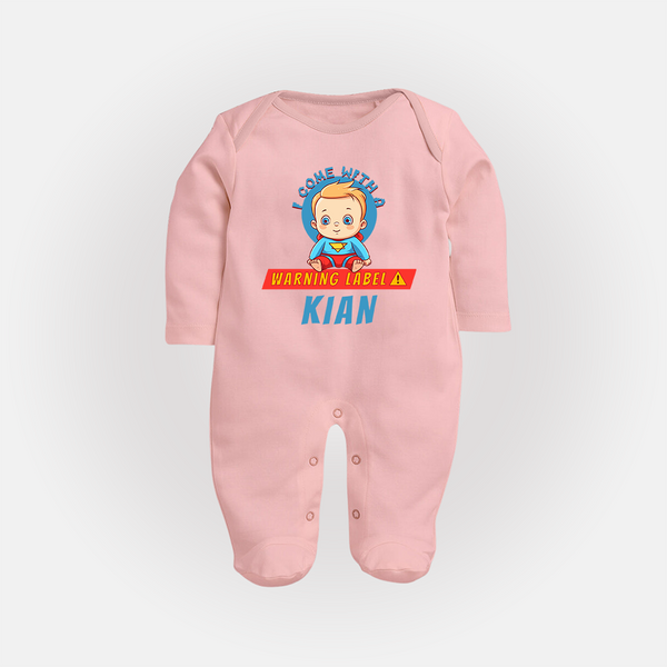 Warning Label | Personalized Baby Sleep Suit / Full Sleeve Bodysuit for Little Heroes - BABY PINK - New Born (Chest 7.5")
