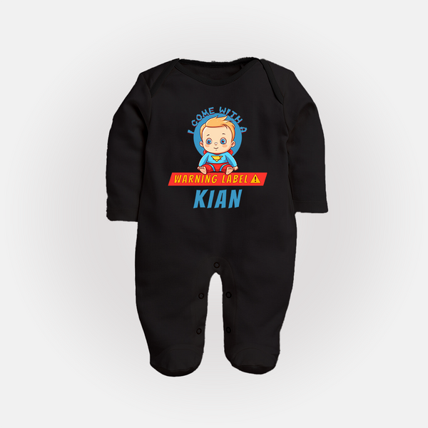 Warning Label | Personalized Baby Sleep Suit / Full Sleeve Bodysuit for Little Heroes - BLACK - New Born (Chest 7.5")