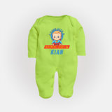 Warning Label | Personalized Baby Sleep Suit / Full Sleeve Bodysuit for Little Heroes - LIME GREEN - New Born (Chest 7.5")