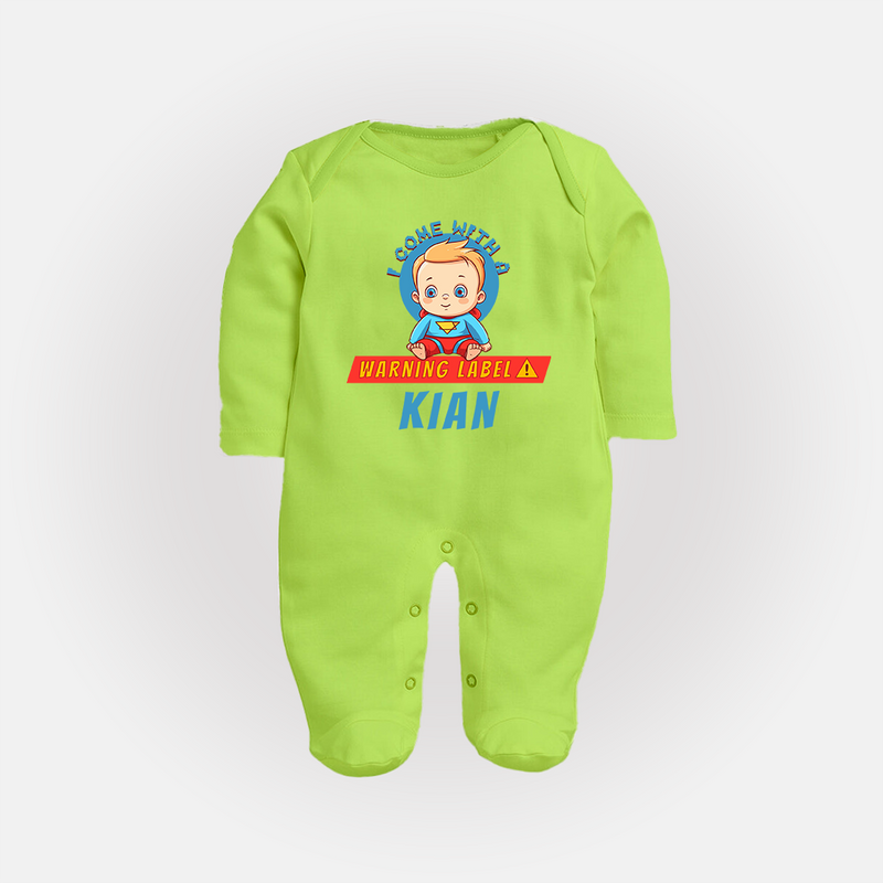 Warning Label | Personalized Baby Sleep Suit / Full Sleeve Bodysuit for Little Heroes - LIME GREEN - New Born (Chest 7.5")