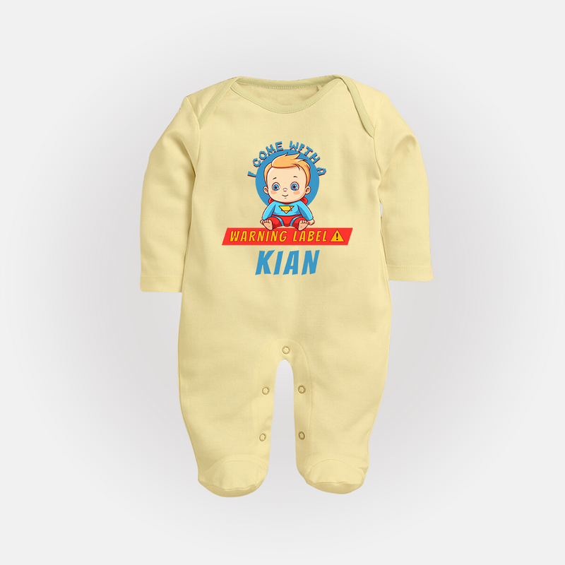 Warning Label | Personalized Baby Sleep Suit / Full Sleeve Bodysuit for Little Heroes - PASTEL YELLOW - New Born (Chest 7.5")