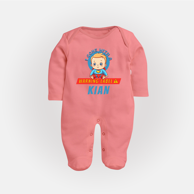 Warning Label | Personalized Baby Sleep Suit / Full Sleeve Bodysuit for Little Heroes - PEACH - New Born (Chest 7.5")