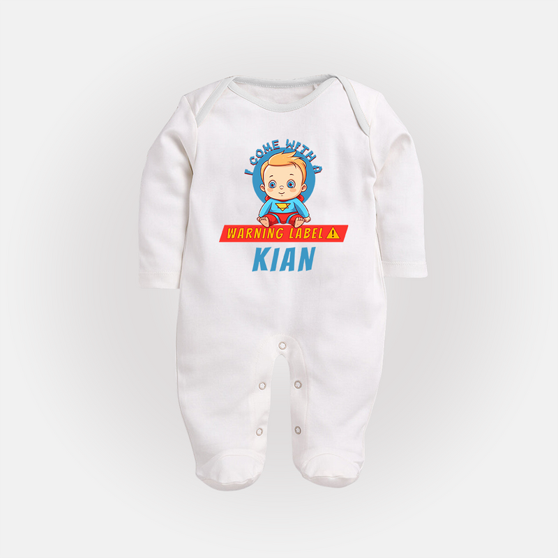 Warning Label | Personalized Baby Sleep Suit / Full Sleeve Bodysuit for Little Heroes - WHITE - New Born (Chest 7.5")