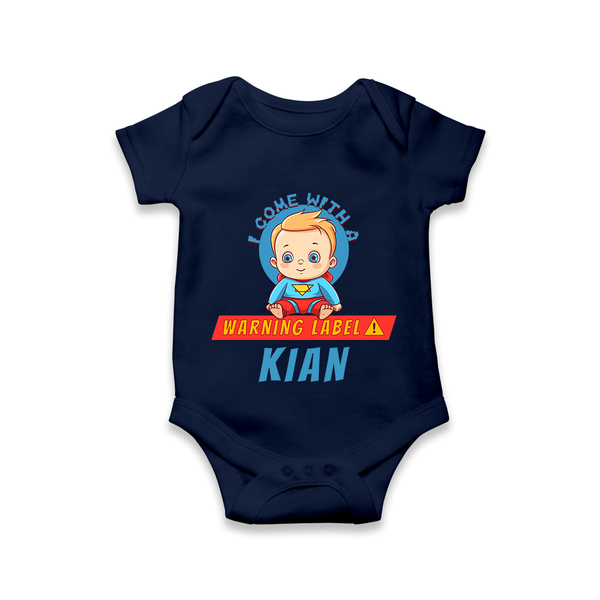 Warning Label | Personalized Baby Romper for Little Heroes - NAVY BLUE - New Born (Chest 14")
