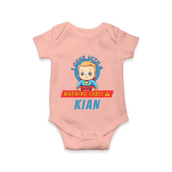 Warning Label | Personalized Baby Romper for Little Heroes - PEACH - New Born (Chest 14")