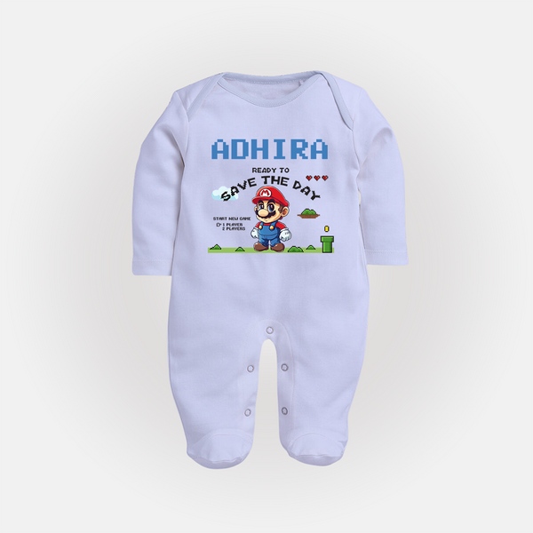 Little Mario Sleep Suit / Full Sleeve Bodysuit | Personalized Baby Sleep Suit / Full Sleeve Bodysuit for Little Game Heroes - BABY BLUE - New Born (Chest 7.5")