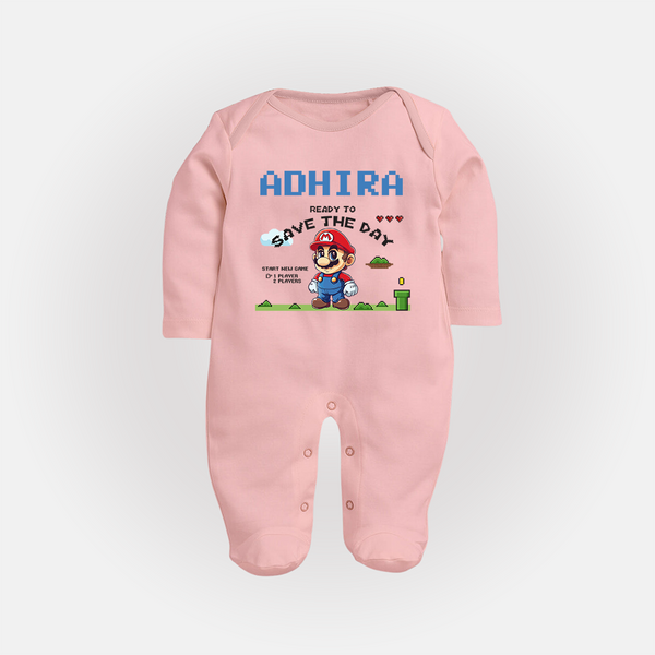 Little Mario Sleep Suit / Full Sleeve Bodysuit | Personalized Baby Sleep Suit / Full Sleeve Bodysuit for Little Game Heroes - BABY PINK - New Born (Chest 7.5")