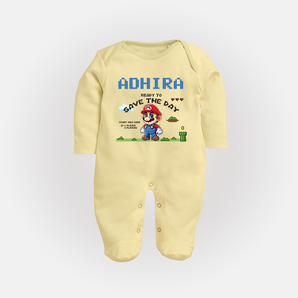 Little Mario Sleep Suit / Full Sleeve Bodysuit | Personalized Baby Sleep Suit / Full Sleeve Bodysuit for Little Game Heroes - PASTEL YELLOW - New Born (Chest 7.5")