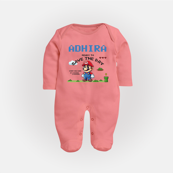 Little Mario Sleep Suit / Full Sleeve Bodysuit | Personalized Baby Sleep Suit / Full Sleeve Bodysuit for Little Game Heroes - PEACH - New Born (Chest 7.5")