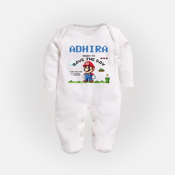 Little Mario Sleep Suit / Full Sleeve Bodysuit | Personalized Baby Sleep Suit / Full Sleeve Bodysuit for Little Game Heroes - WHITE - New Born (Chest 7.5")
