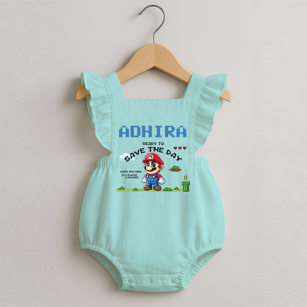 Little Mario Romper Frock | Personalized Baby Romper Frock for Little Game Heroes - MINT GREEN - 0 - 3 Months Old (Chest 19")