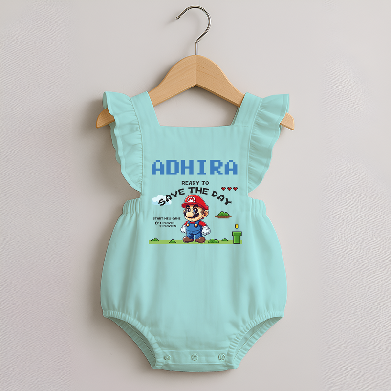Little Mario Romper Frock | Personalized Baby Romper Frock for Little Game Heroes - MINT GREEN - 0 - 3 Months Old (Chest 19")