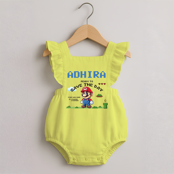 Little Mario Romper Frock | Personalized Baby Romper Frock for Little Game Heroes - PASTEL YELLOW - 0 - 3 Months Old (Chest 19")