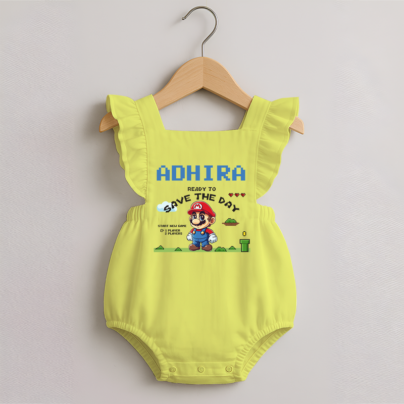 Little Mario Romper Frock | Personalized Baby Romper Frock for Little Game Heroes - PASTEL YELLOW - 0 - 3 Months Old (Chest 19")