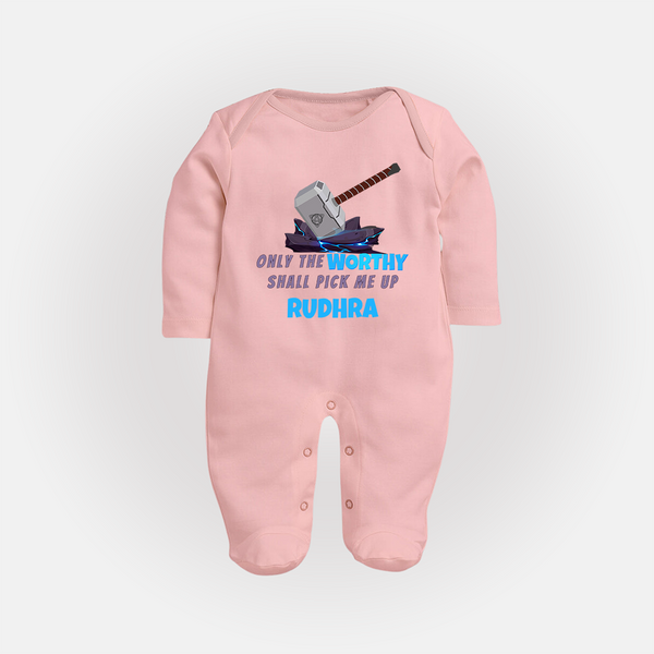 Little Thor Sleep Suit / Full Sleeve Bodysuit | Personalized Baby Sleep Suit / Full Sleeve Bodysuit for Little Gods of Thunder - BABY PINK - New Born (Chest 7.5")
