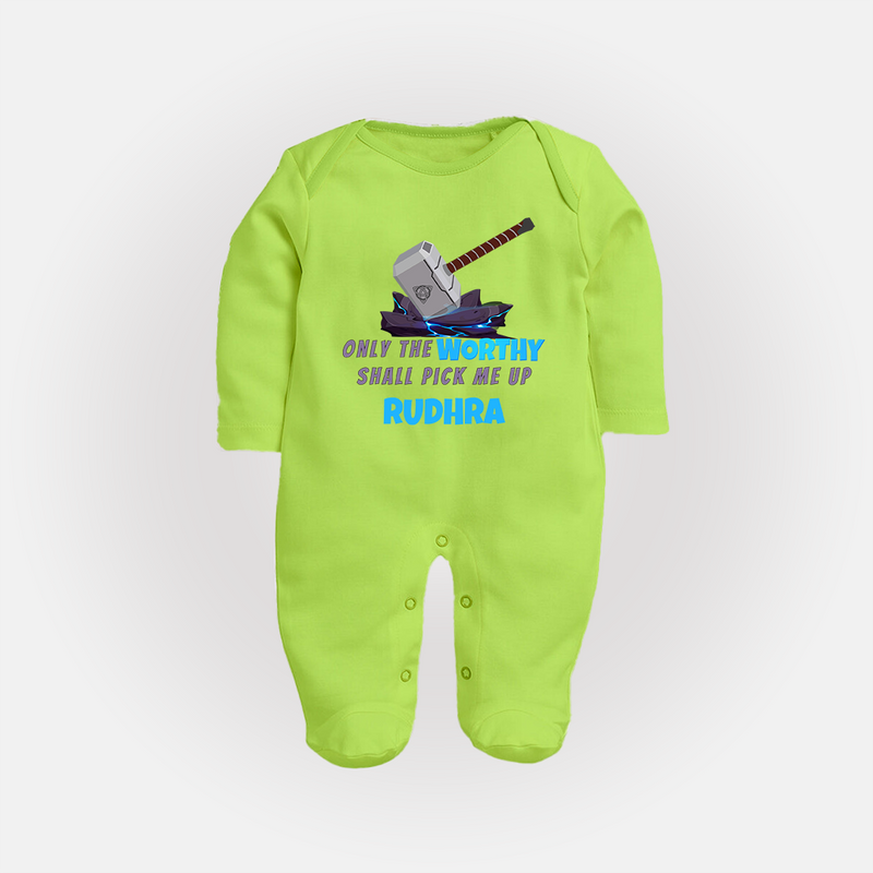 Little Thor Sleep Suit / Full Sleeve Bodysuit | Personalized Baby Sleep Suit / Full Sleeve Bodysuit for Little Gods of Thunder - LIME GREEN - New Born (Chest 7.5")