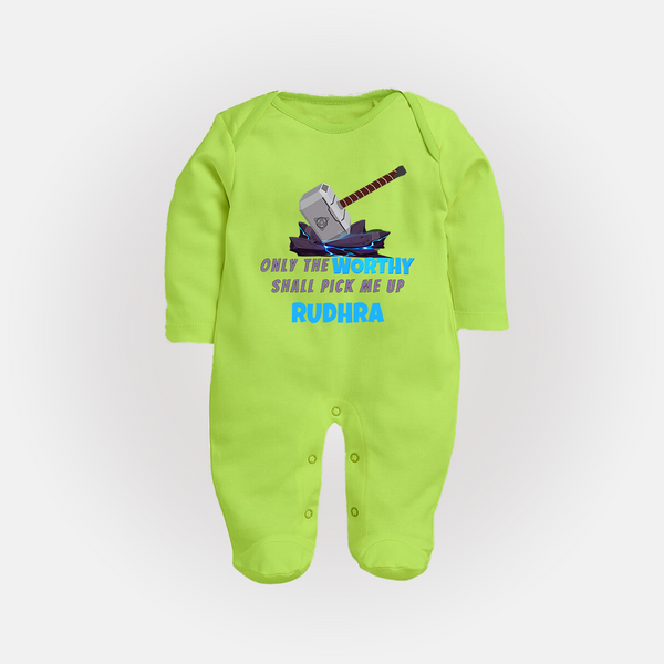 Little Thor Sleep Suit / Full Sleeve Bodysuit | Personalized Baby Sleep Suit / Full Sleeve Bodysuit for Little Gods of Thunder - LIME GREEN - New Born (Chest 7.5")