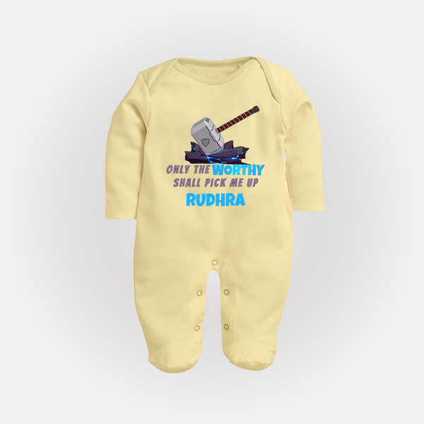 Little Thor Sleep Suit / Full Sleeve Bodysuit | Personalized Baby Sleep Suit / Full Sleeve Bodysuit for Little Gods of Thunder - PASTEL YELLOW - New Born (Chest 7.5")