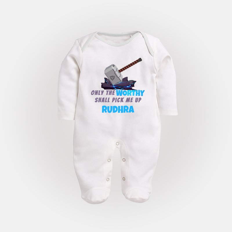 Little Thor Sleep Suit / Full Sleeve Bodysuit | Personalized Baby Sleep Suit / Full Sleeve Bodysuit for Little Gods of Thunder - WHITE - New Born (Chest 7.5")