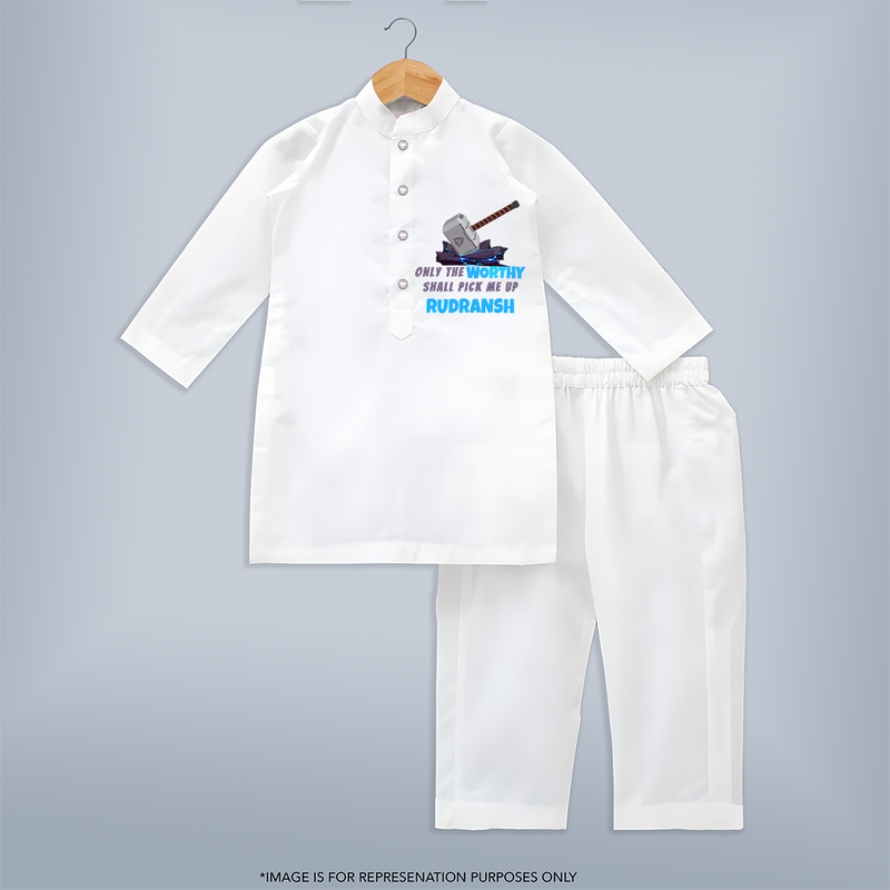 Little Thor Kurta Set | Personalized Baby Kurta Set for Little Gods of Thunder - WHITE - 3 - 6 Months Old (Chest 24", Kurta Length 14'', Waist 19", Pant Length 14")
