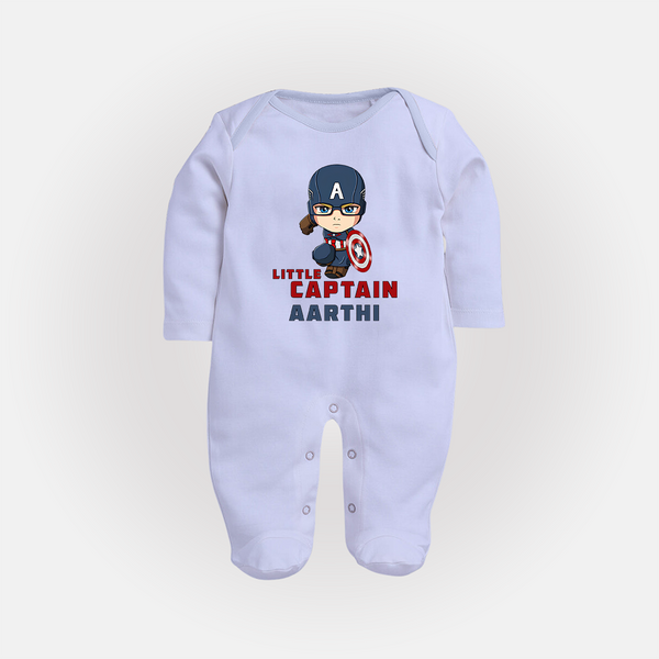 Little Captain America Sleep Suit / Full Sleeve Bodysuit | Personalized Baby Sleep Suit / Full Sleeve Bodysuit for Little Heroes - BABY BLUE - New Born (Chest 7.5")