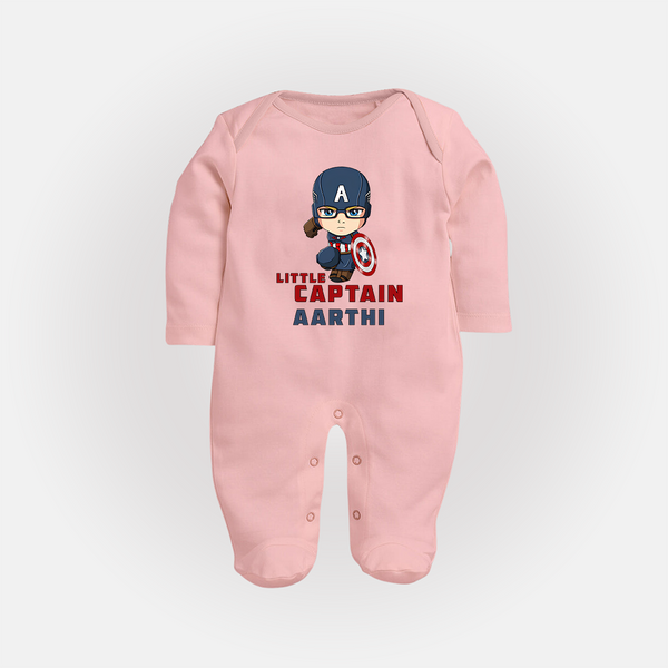 Little Captain America Sleep Suit / Full Sleeve Bodysuit | Personalized Baby Sleep Suit / Full Sleeve Bodysuit for Little Heroes - BABY PINK - New Born (Chest 7.5")