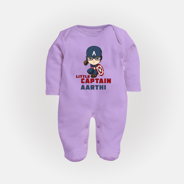 Little Captain America Sleep Suit / Full Sleeve Bodysuit | Personalized Baby Sleep Suit / Full Sleeve Bodysuit for Little Heroes - LILAC - New Born (Chest 7.5")