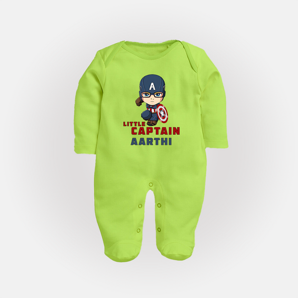 Little Captain America Sleep Suit / Full Sleeve Bodysuit | Personalized Baby Sleep Suit / Full Sleeve Bodysuit for Little Heroes - LIME GREEN - New Born (Chest 7.5")