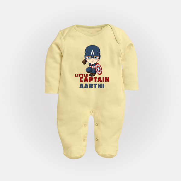 Little Captain America Sleep Suit / Full Sleeve Bodysuit | Personalized Baby Sleep Suit / Full Sleeve Bodysuit for Little Heroes - PASTEL YELLOW - New Born (Chest 7.5")