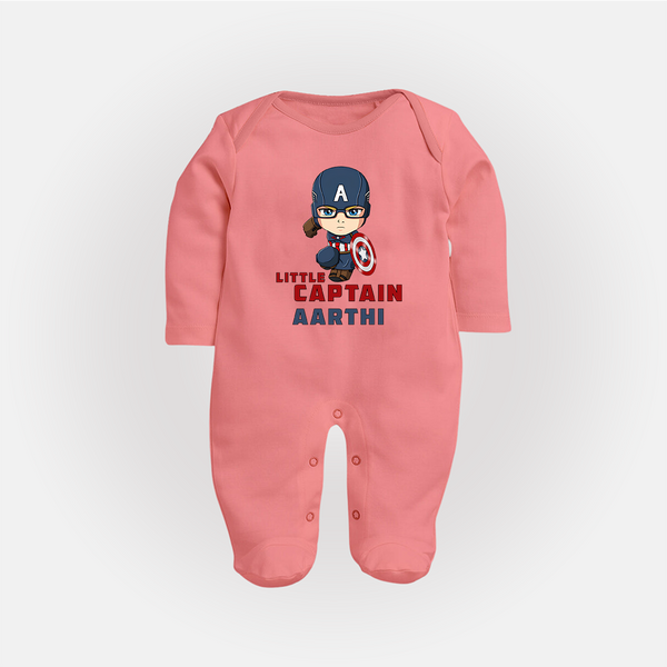 Little Captain America Sleep Suit / Full Sleeve Bodysuit | Personalized Baby Sleep Suit / Full Sleeve Bodysuit for Little Heroes - PEACH - New Born (Chest 7.5")